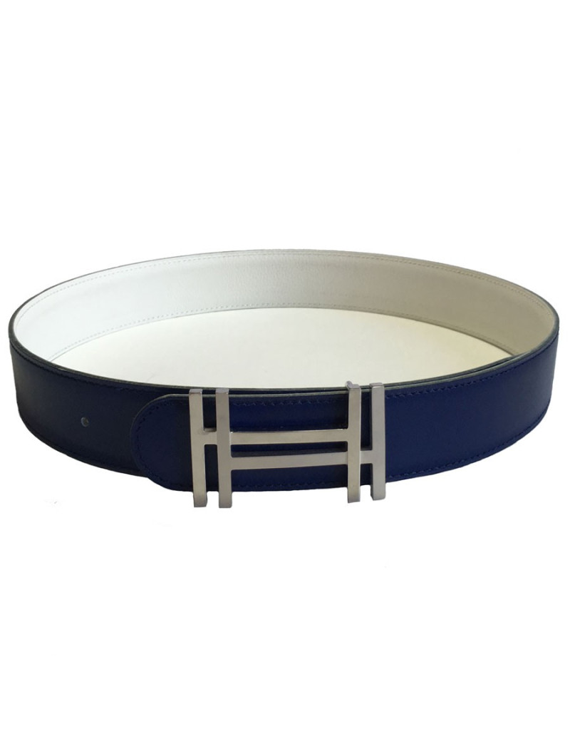 Ceinture HERMES cuir lisse bleu bijouterie argentée T65