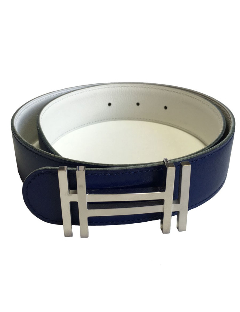 Ceinture HERMES cuir lisse bleu bijouterie argentée T65