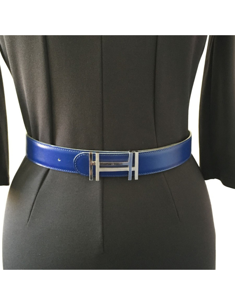 Ceinture HERMES cuir lisse bleu bijouterie argentée T65