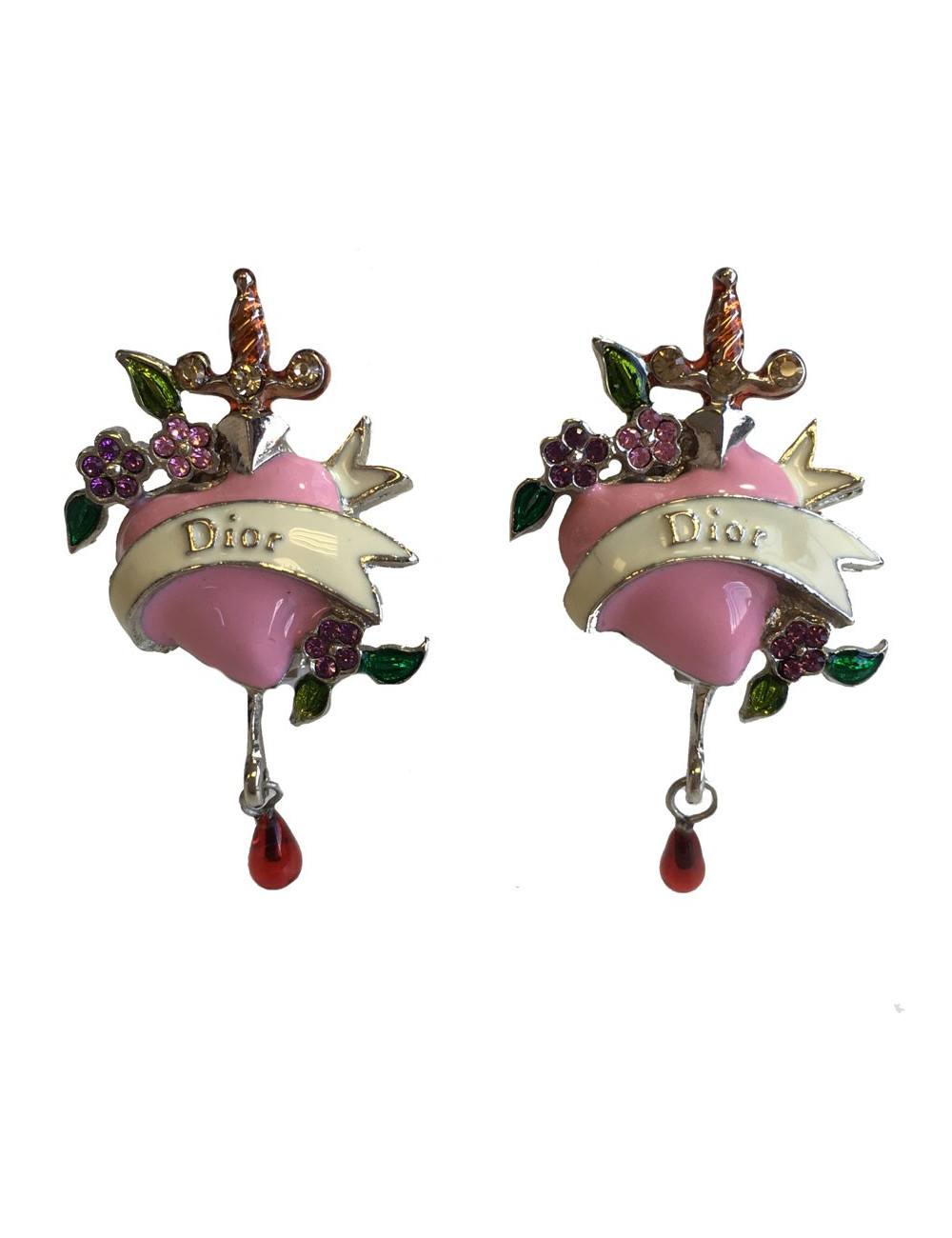 Boucles d'oreille clips DIOR coeur rose et strass multicolore