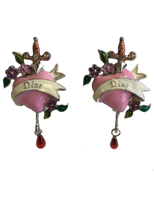 Boucles d'oreille clips DIOR coeur rose et strass multicolore