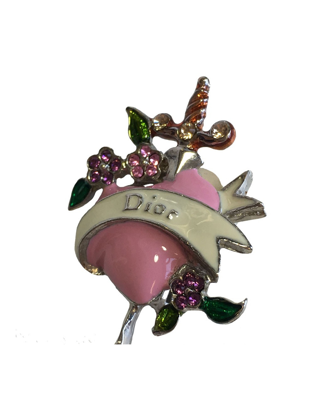 Boucles d'oreille clips DIOR coeur rose et strass multicolore