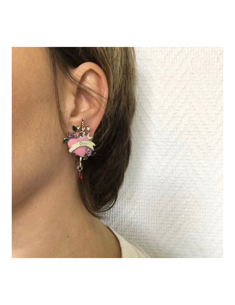 DIOR pink heart clips and multicolor rhinestone earrings