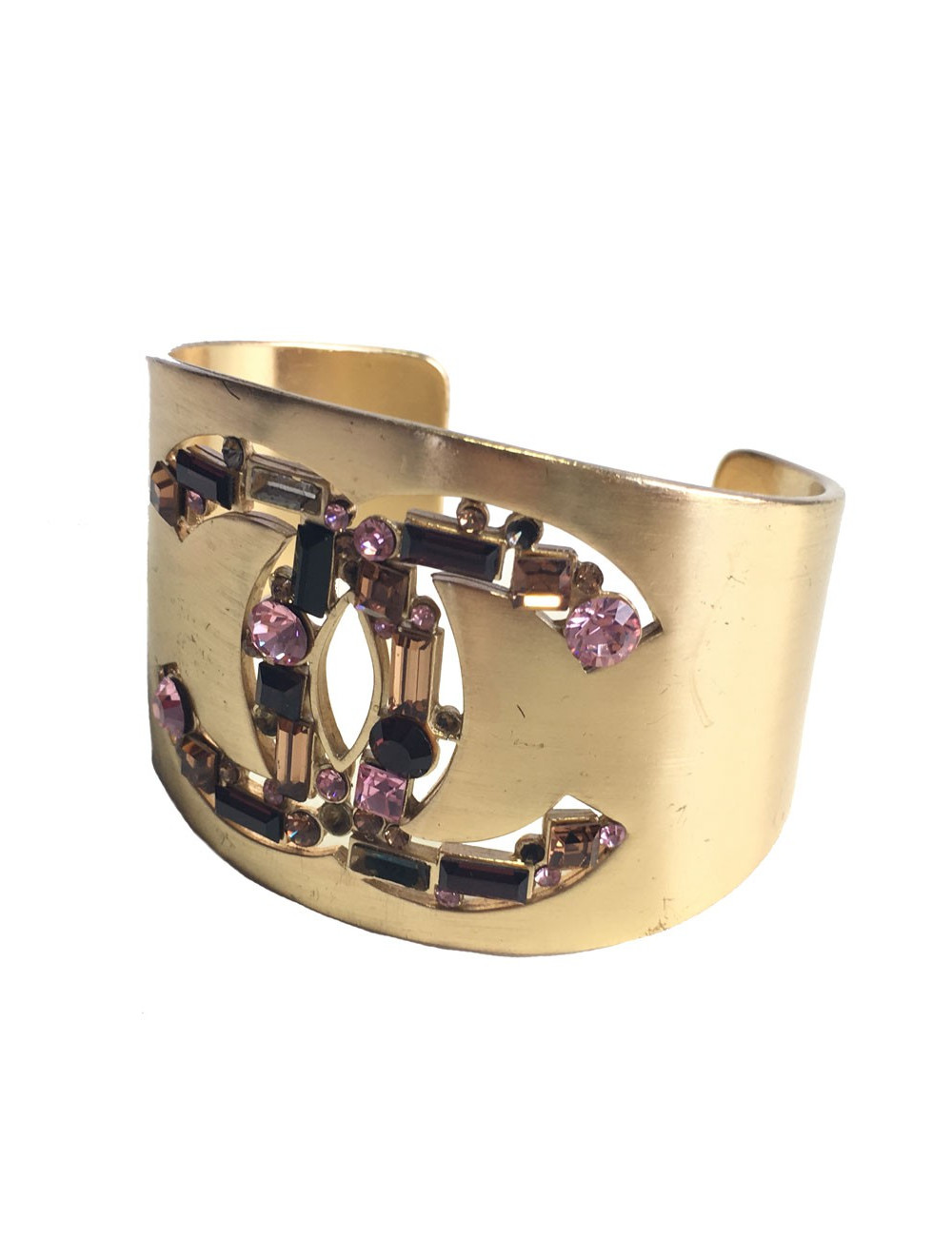 Manchette CHANEL en métal doré et strass multicolore