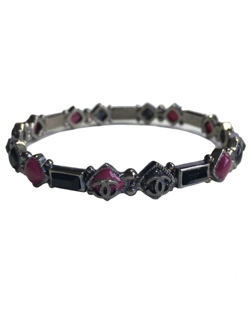 Bracelet CHANEL pâte de verre fuchsia, noir et cristal noir
