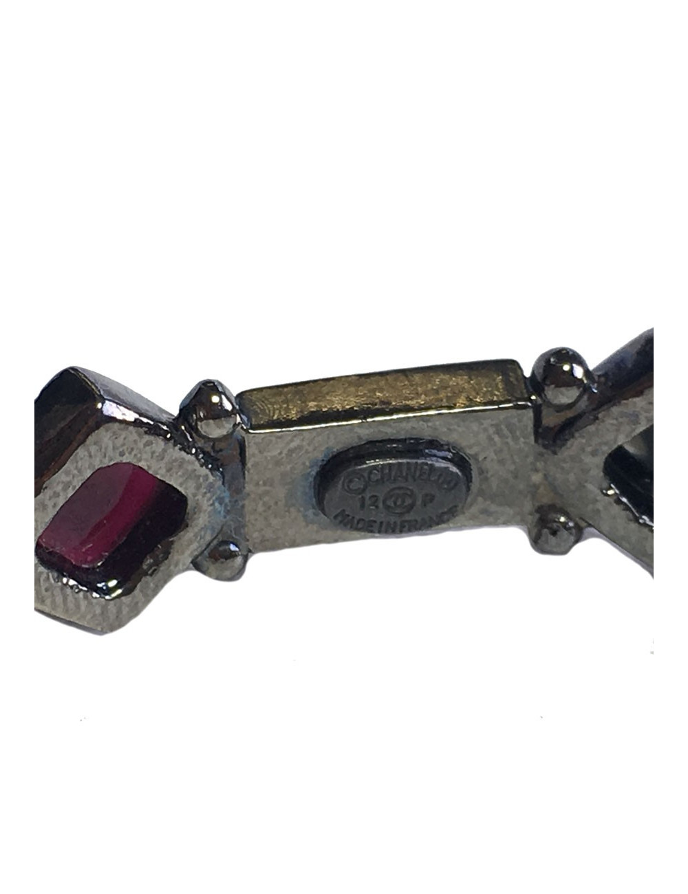 Bracelet CHANEL pâte de verre fuchsia, noir et cristal noir