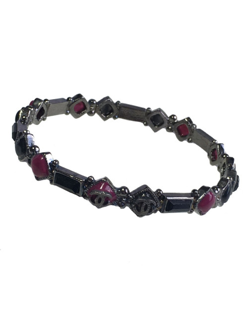 Bracelet CHANEL pâte de verre fuchsia, noir et cristal noir