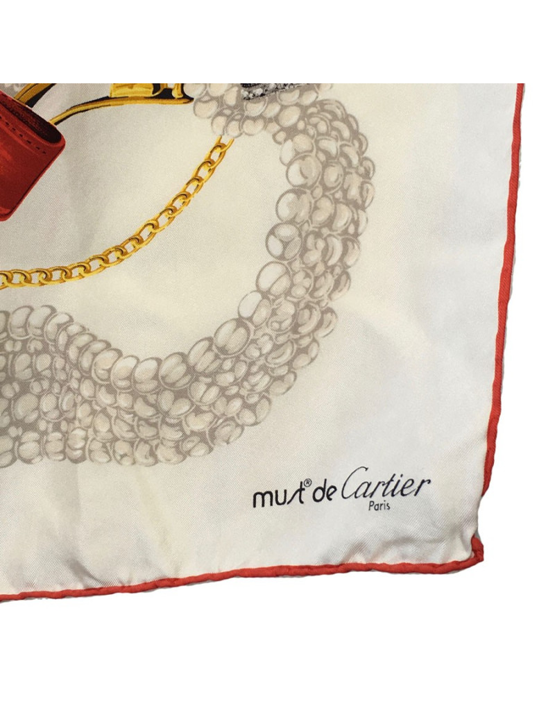 Foulard CARTIER "Must" en soie ivoire à bordure rouge