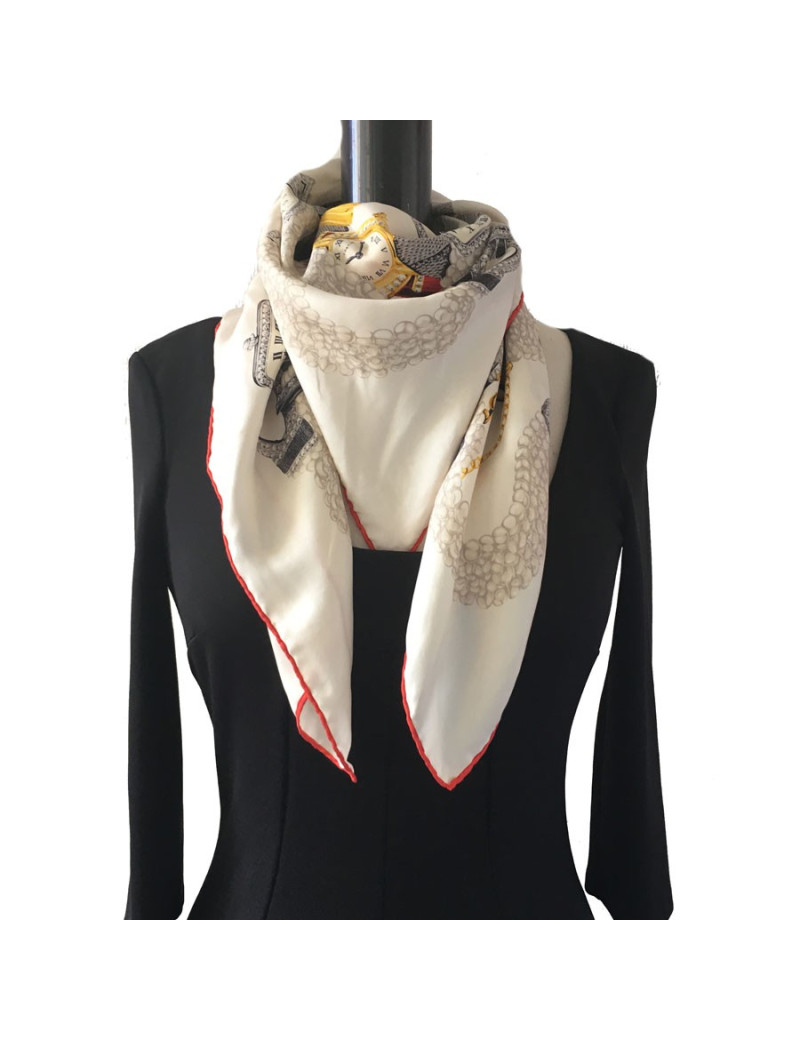 Foulard CARTIER "Must" en soie ivoire à bordure rouge