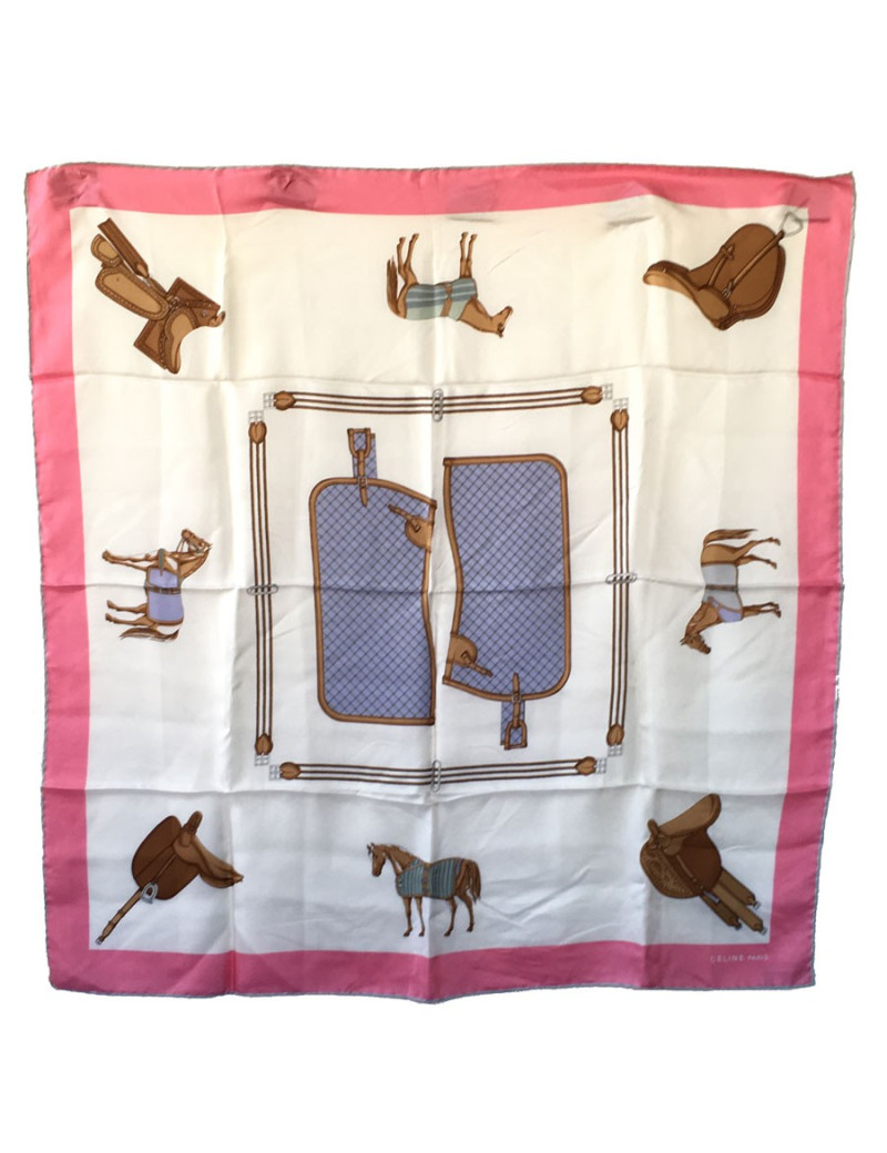 Foulard CELINE  en soie rose et blanche
