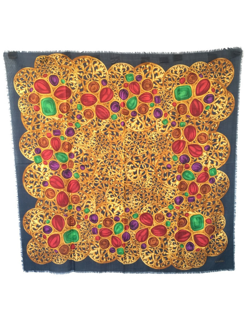 Châle CHANEL en laine et soie bleu gris 