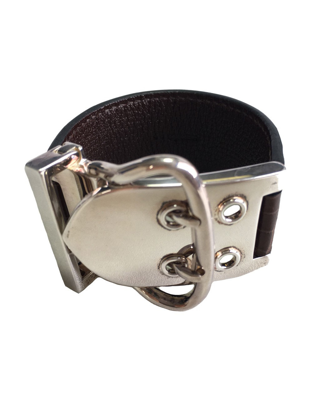 Bracelet HERMES boucle sellier TGM en argent et crocodile marron