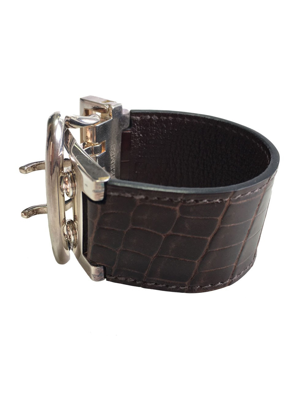 Bracelet HERMES boucle sellier TGM en argent et crocodile marron