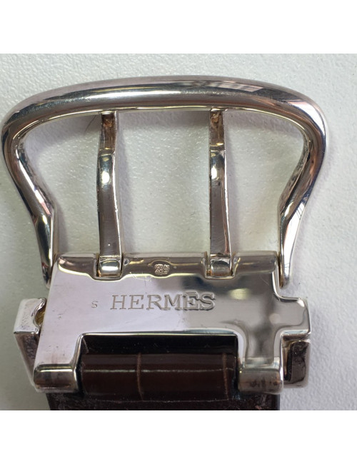 Bracelet HERMES boucle sellier TGM en argent et crocodile marron