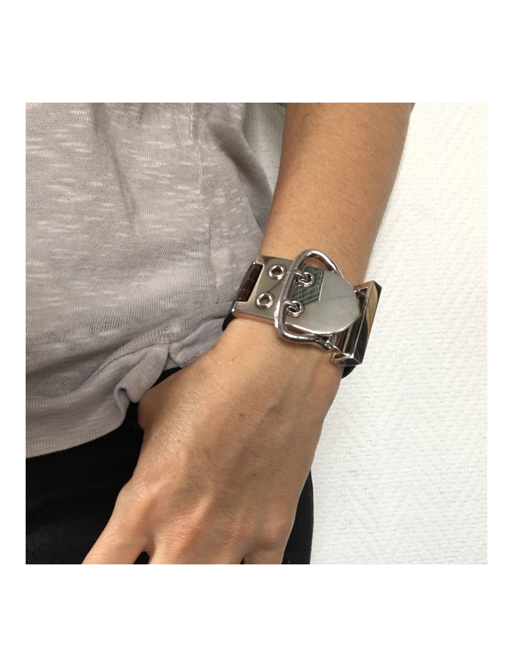 HERMES Bracelet in Brown Crocodile and Sellier Buckle in Sterling Silver 925Ag