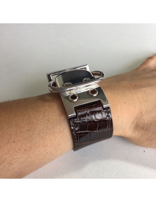 HERMES Bracelet in Brown Crocodile and Sellier Buckle in Sterling Silver 925Ag