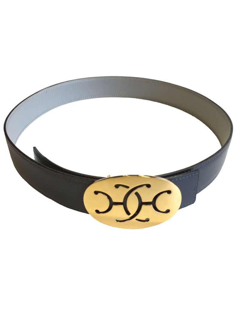 HERMES leather grey reversible T 78 gold buckle belt