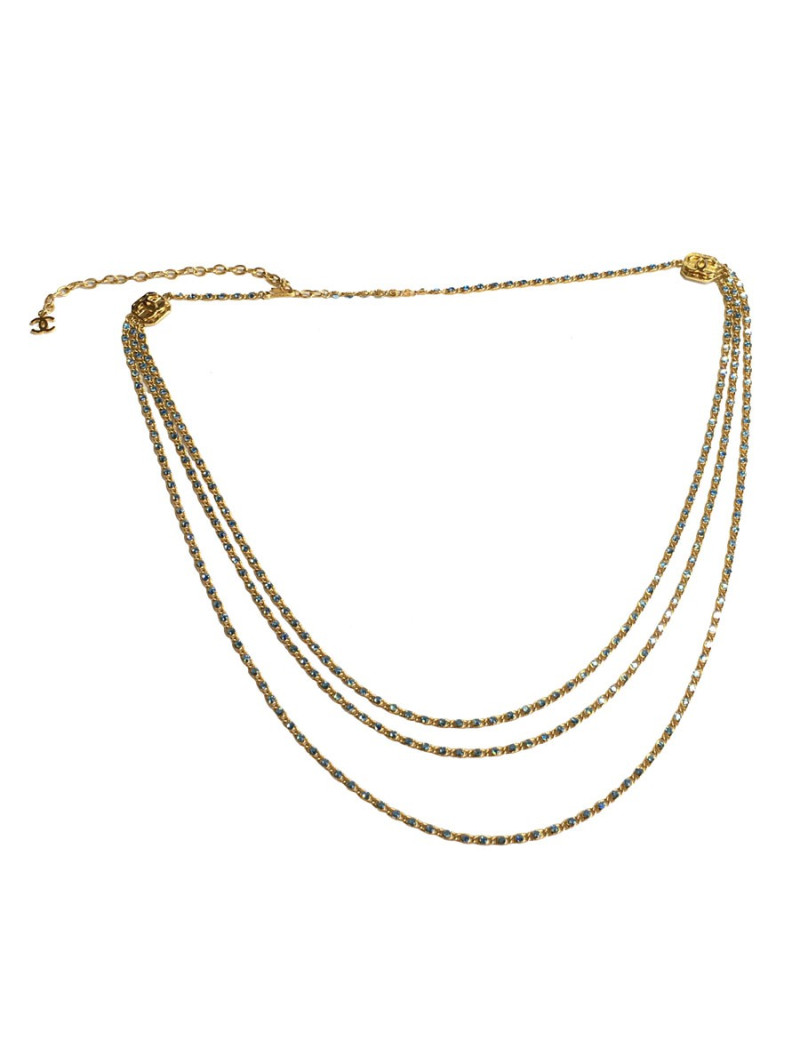 Ceinture sautoir CHANEL chaîne dorée et strass bleus