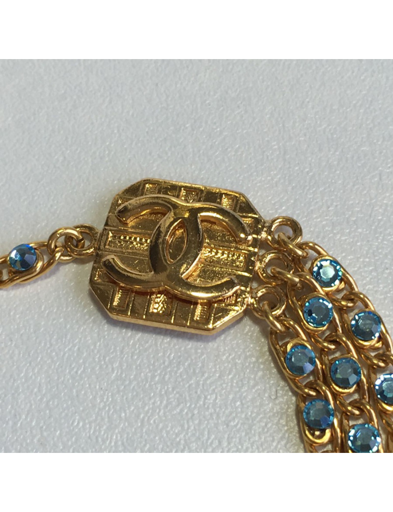 Ceinture sautoir CHANEL chaîne dorée et strass bleus