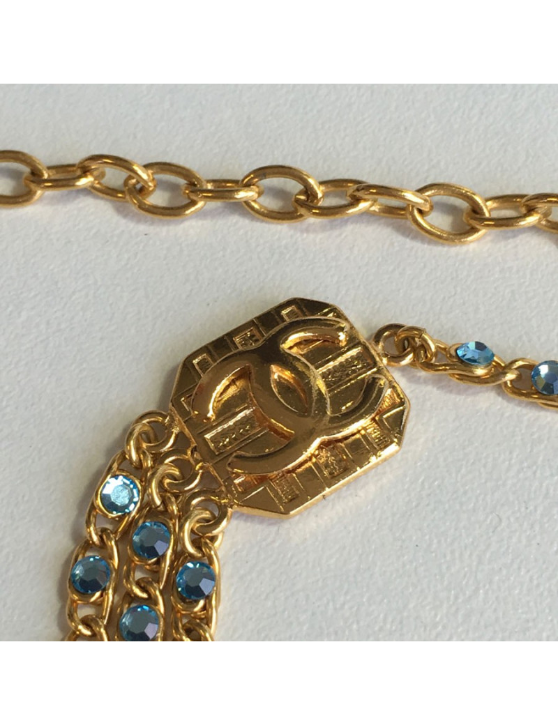 Necklace CHANEL golden chain and blue rhinestone belt