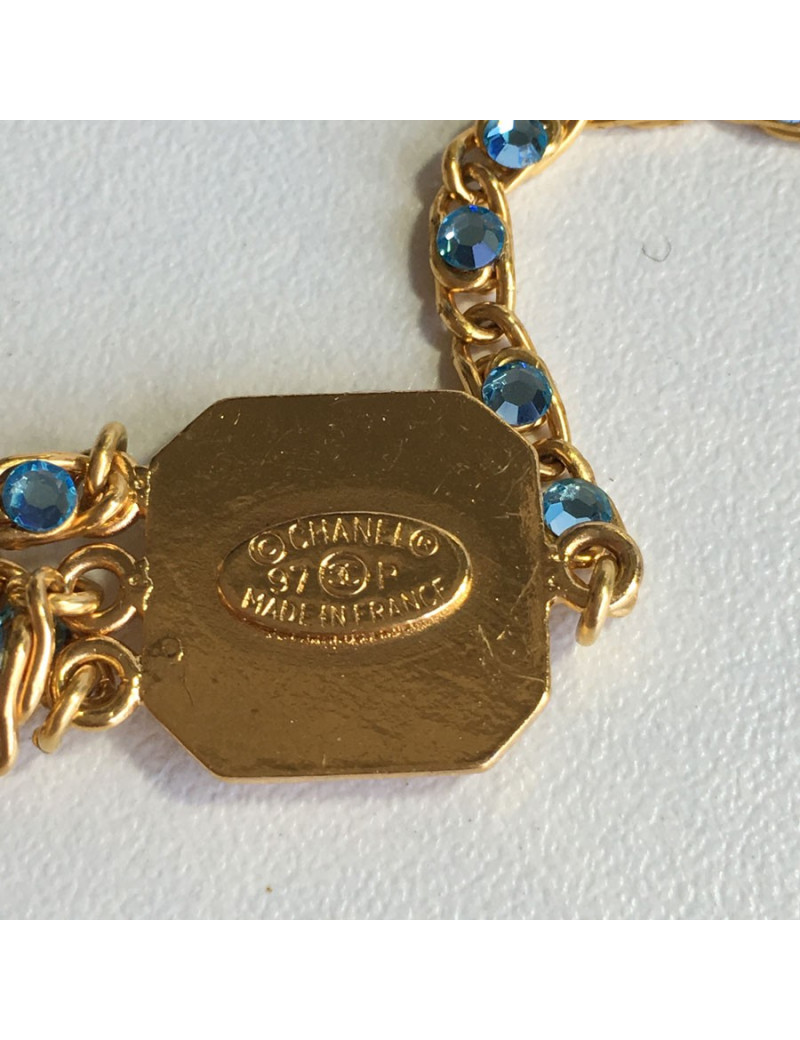 Ceinture sautoir CHANEL chaîne dorée et strass bleus