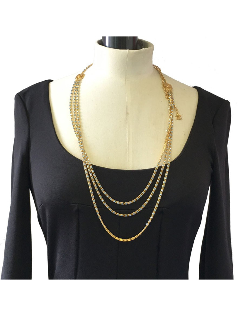 Necklace CHANEL golden chain and blue rhinestone belt