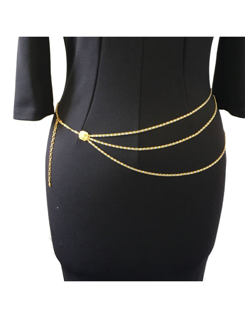 Ceinture sautoir CHANEL chaîne dorée et strass bleus