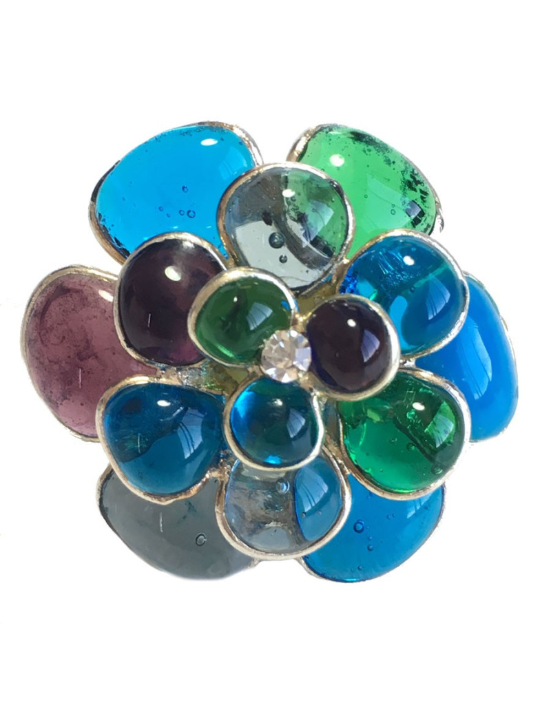 Bague camélia MARGUERITE de VALOIS en pâte de verre et métal argenté T53