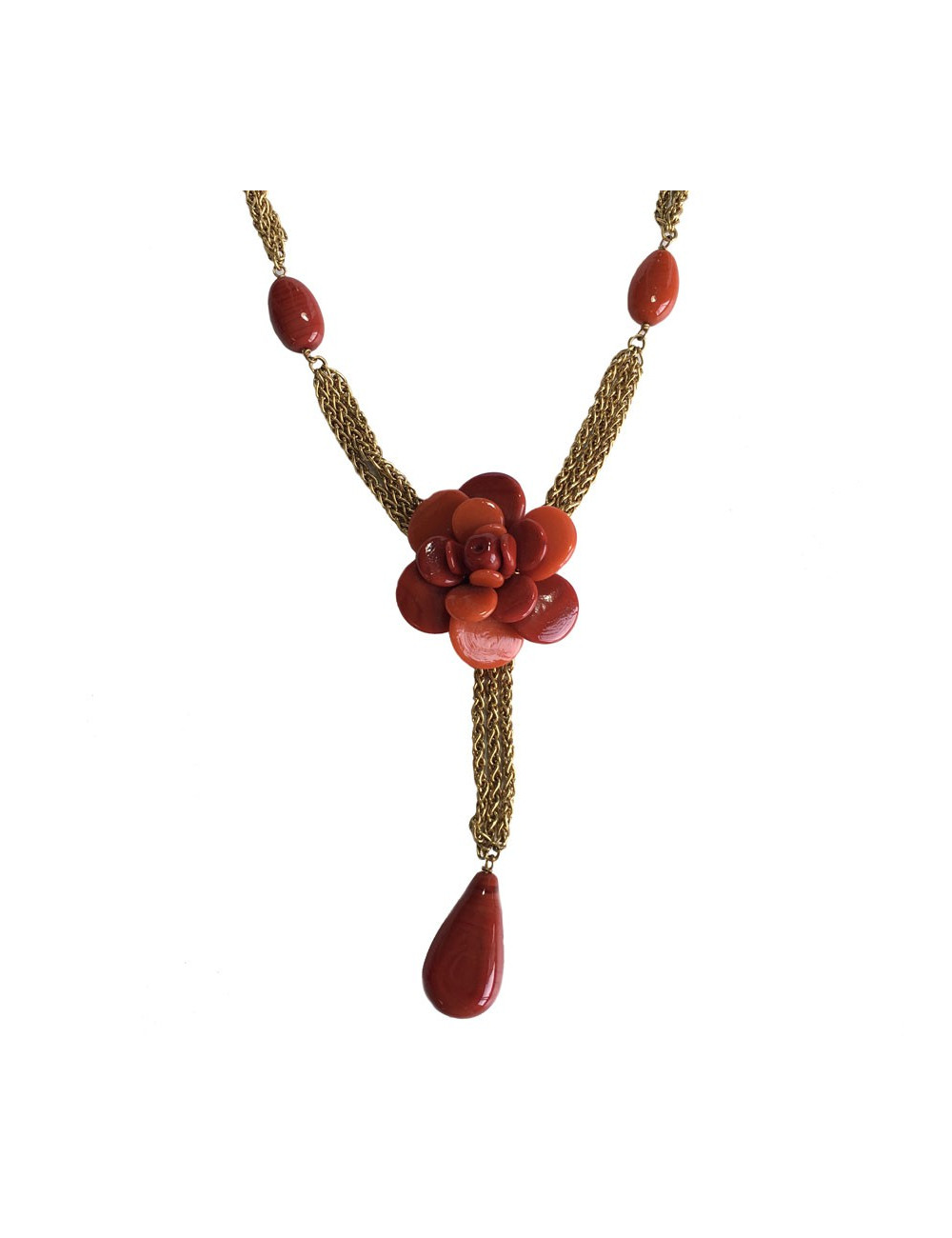 CHANEL couture necklace in gilded metal and camellia pendant in orange molten glass