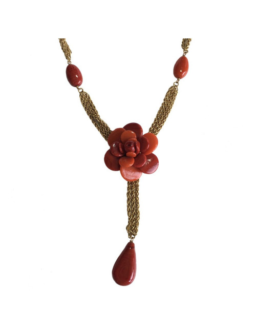 CHANEL couture necklace in gilded metal and camellia pendant in orange molten glass