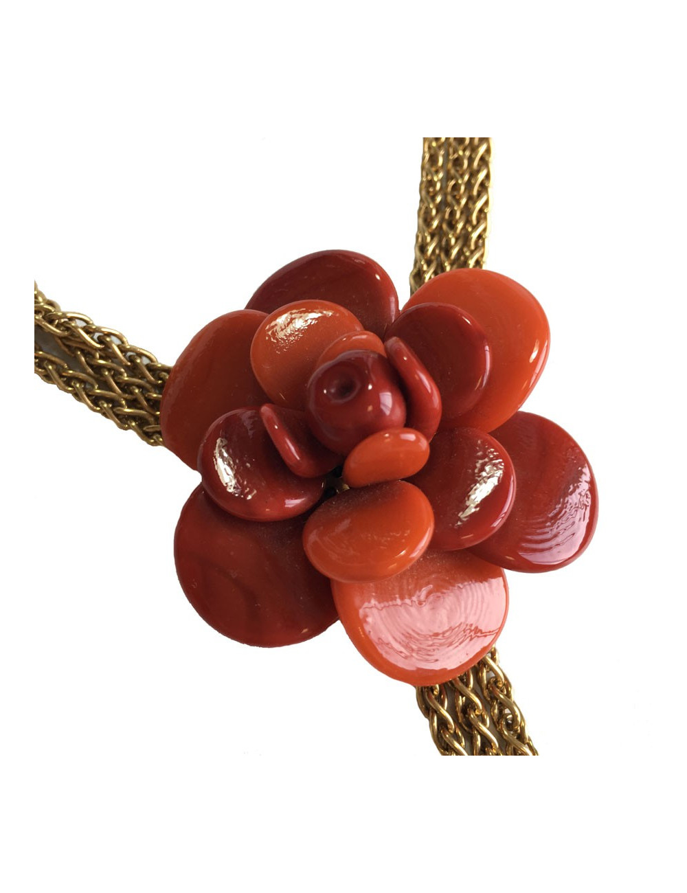 CHANEL couture necklace in gilded metal and camellia pendant in orange molten glass