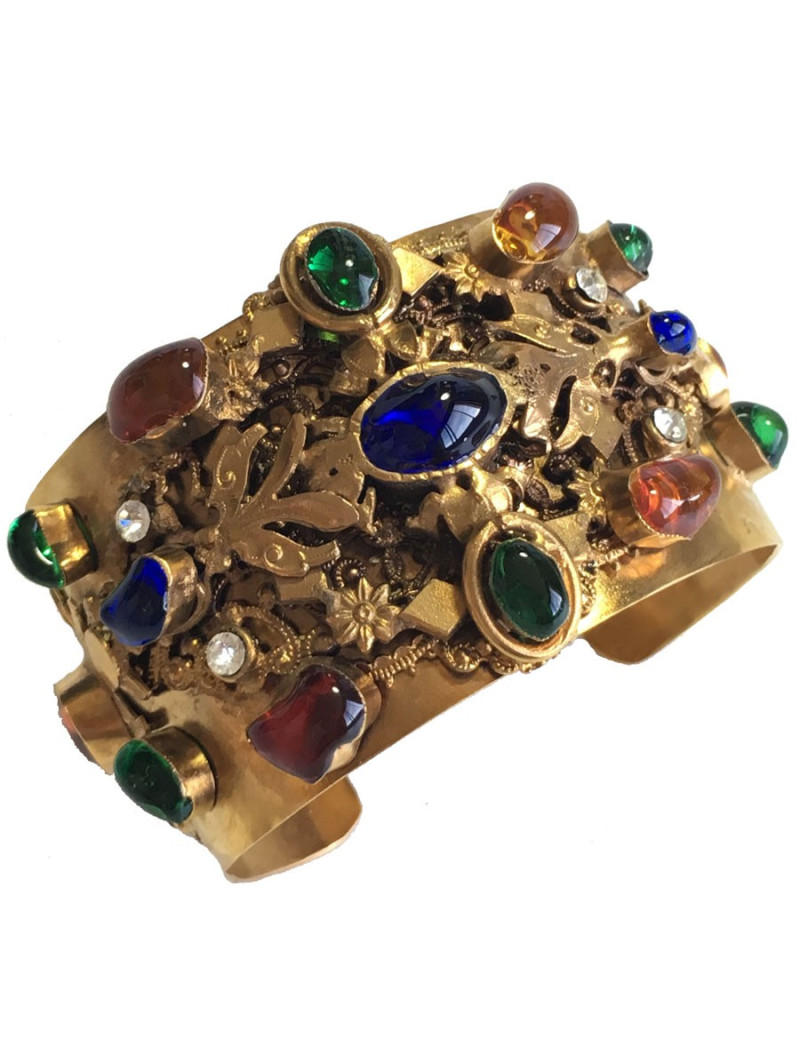 Manchette MARGUERITE de VALOIS en métal doré , pâte de verre multicolore et strass