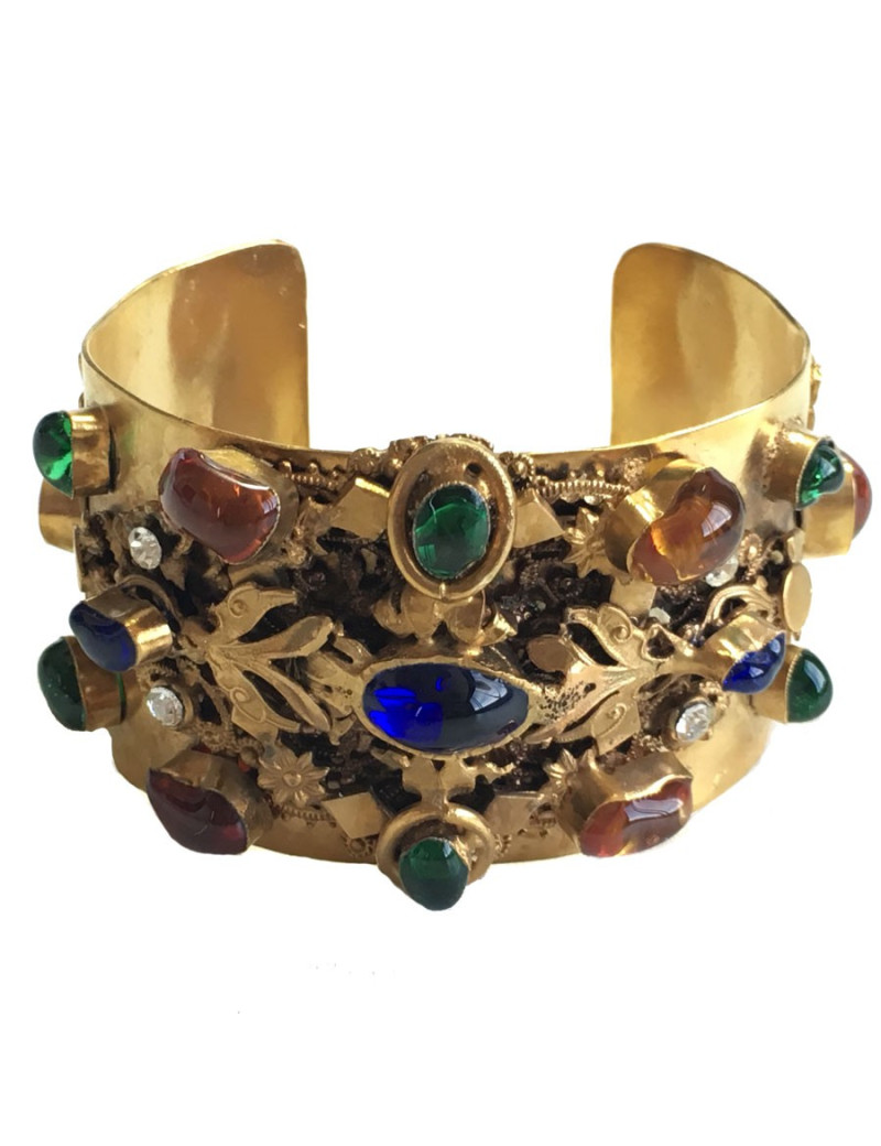 Manchette MARGUERITE de VALOIS en métal doré , pâte de verre multicolore et strass