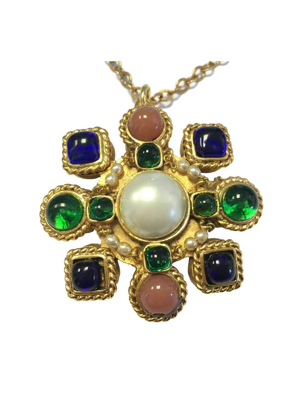 Pendentif MARGUERITE de VALOIS en métal doré, pâte de verre et strass