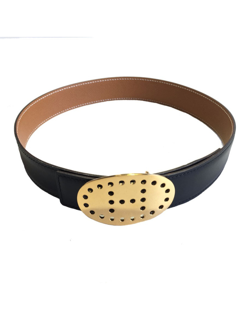HERMES leather belt smooth black Golden jewelry T65