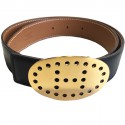 HERMES leather belt smooth black Golden jewelry T65