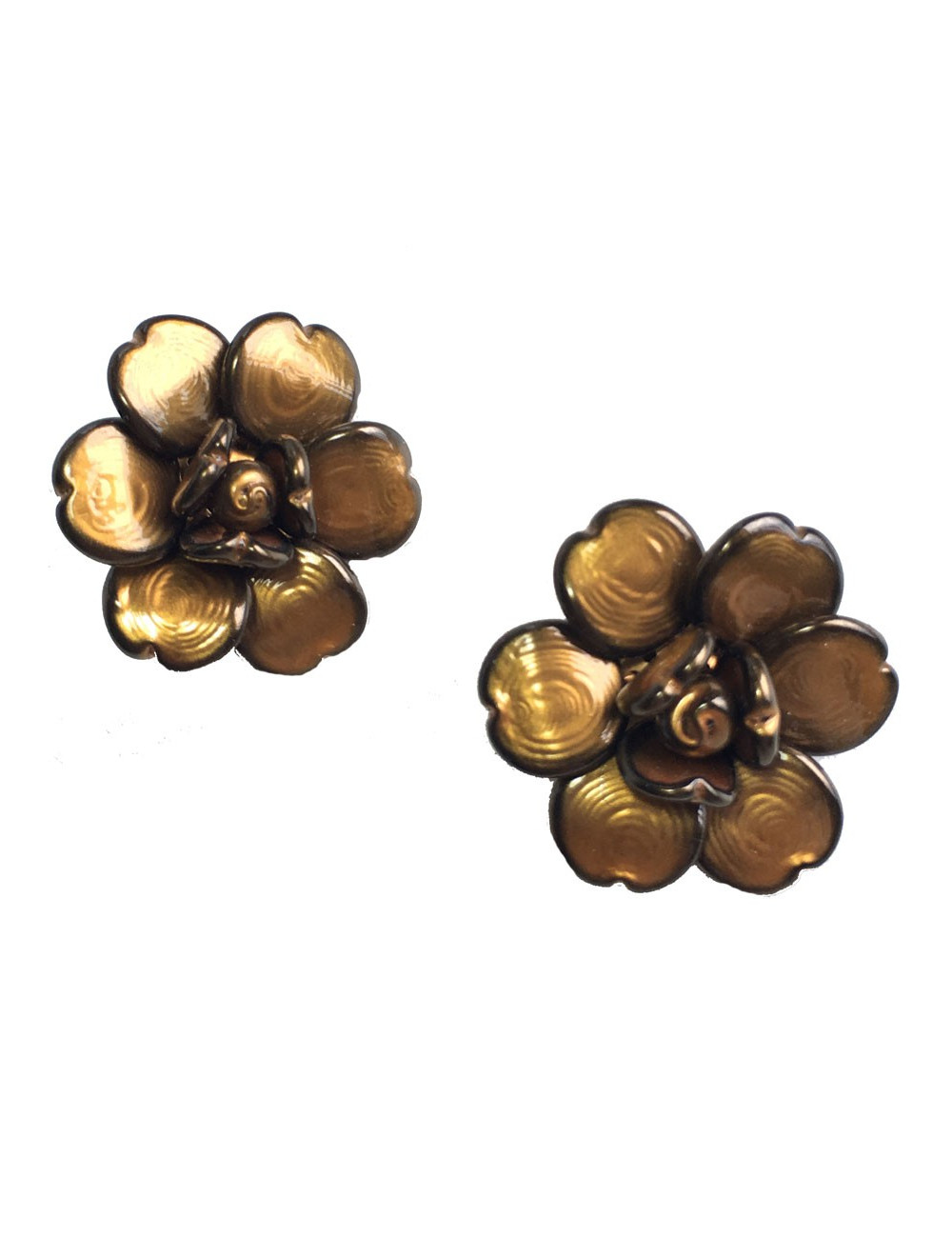 Boucles d'oreille clips CHANEL camélia en pâte de verre marron
