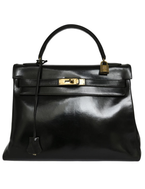Sac Kelly 32 HERMES en cuir box noir vintage
