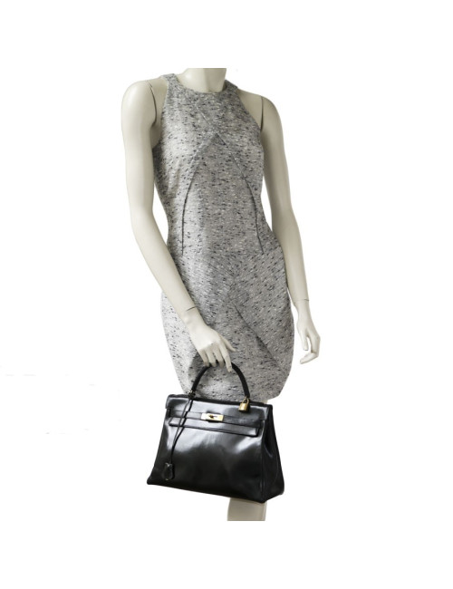 Sac Kelly 32 HERMES en cuir box noir vintage