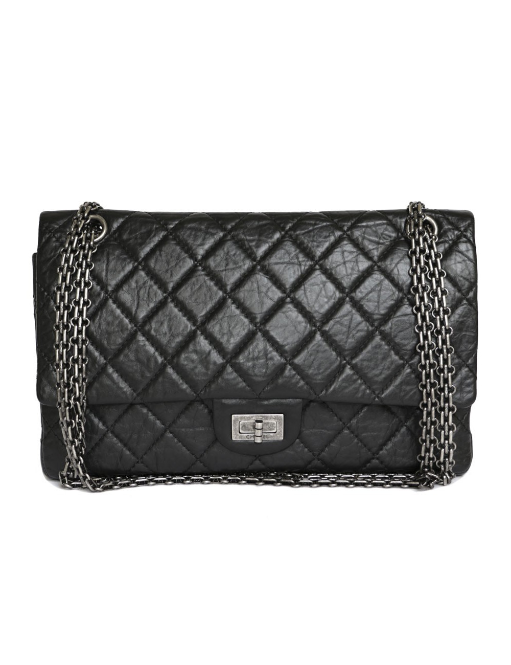 Sac 2.55 CHANEL cuir de veau vieilli noir chaîne argent