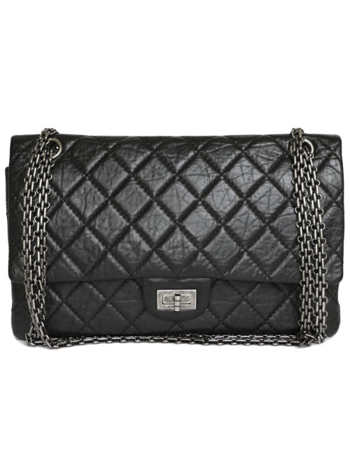 Sac 2.55 CHANEL cuir de veau vieilli noir chaîne argent