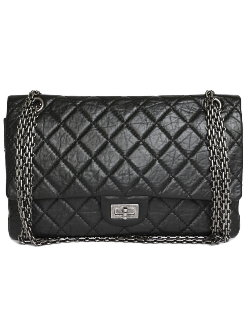 Sac 2.55 CHANEL cuir de veau vieilli noir chaîne argent