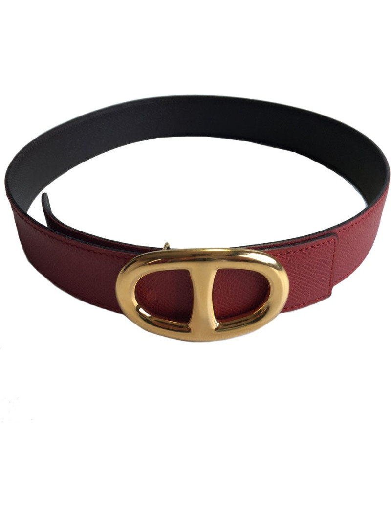 Ceinture HERMES "chaine d’ancre" plaqué or et cuir epsom marron et rouge 