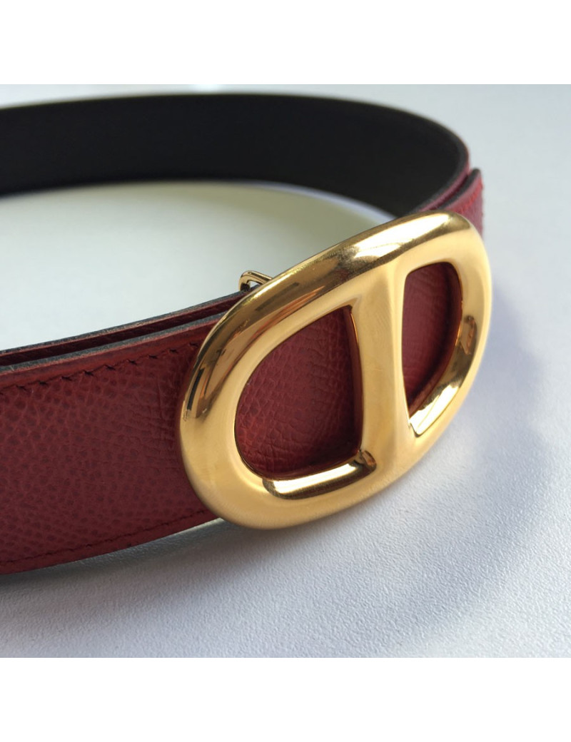 Ceinture HERMES "chaine d’ancre" plaqué or et cuir epsom marron et rouge 