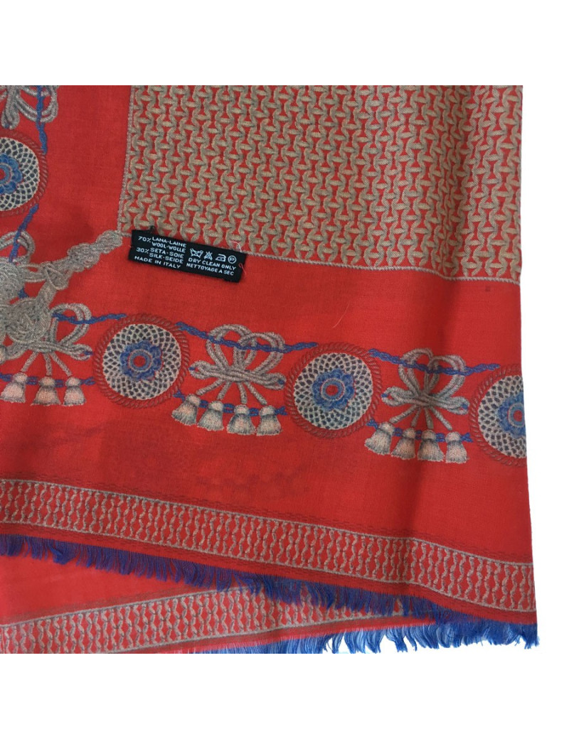 Châle CHANEL frangé en laine et soie rouge 
