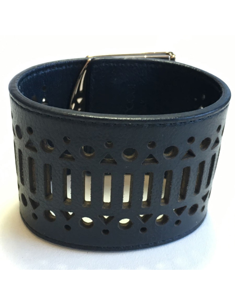 Manchette SERGIO ROSSI en cuir noir et bijouterie argentée