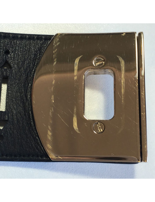 Manchette SERGIO ROSSI en cuir noir et bijouterie argentée