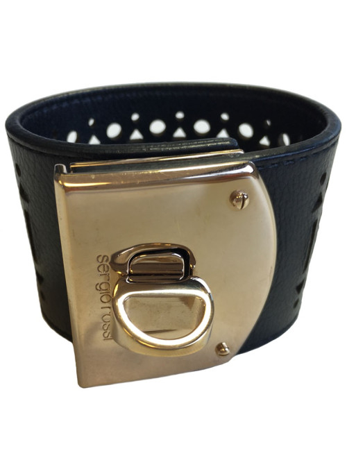 Manchette SERGIO ROSSI en cuir noir et bijouterie argentée