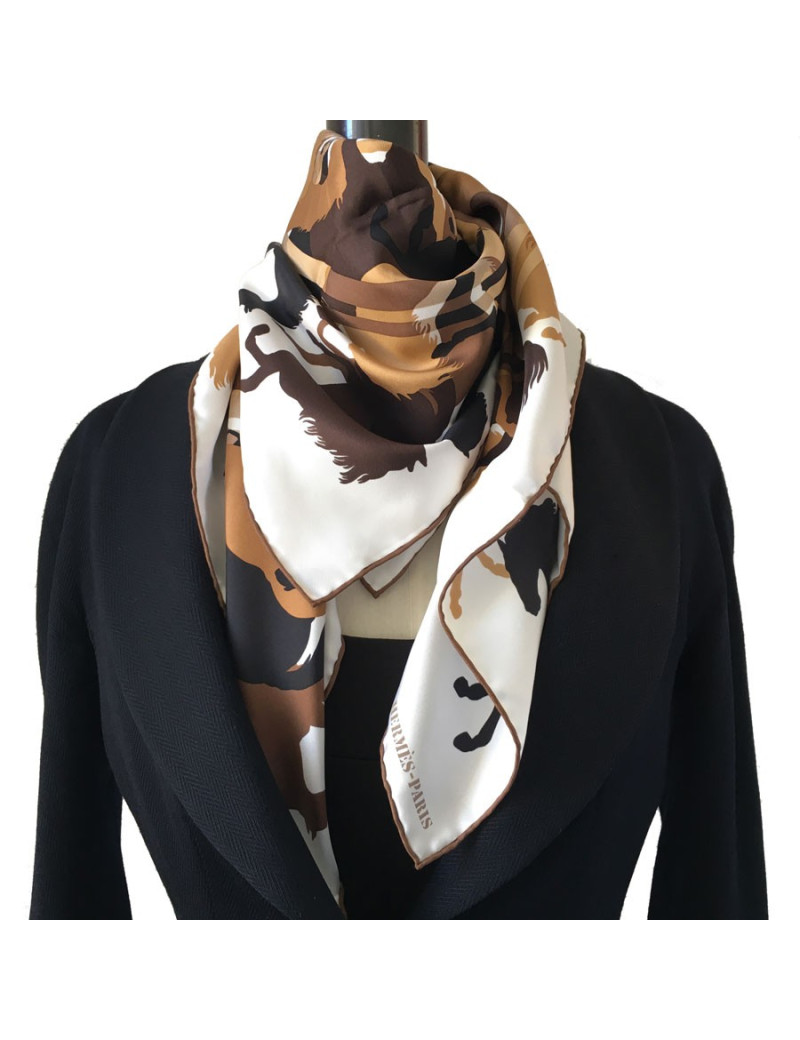 Hermès "Ex Libris in Camouflage" in white and Brown silk