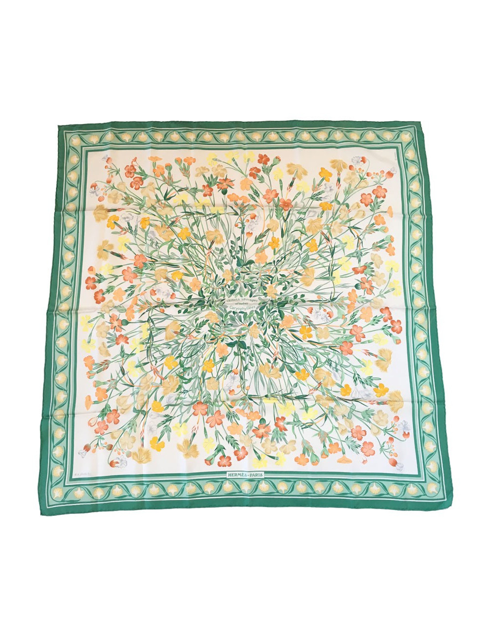Carré HERMES "Oeillet sauvage et autres Caryophyllées" en soie multicolore